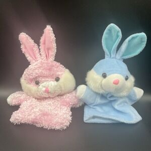 Four Star International Trading Co Lot of 2 Bunnies Pink & Blue Hand Puppet 2002